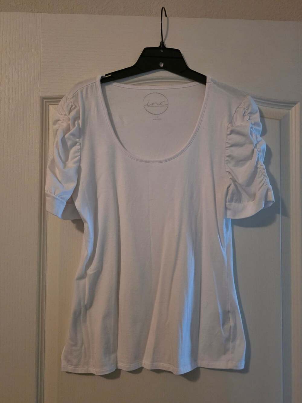 INC International Concepts White Scoop Neck Puff Short Sleeve Top Large